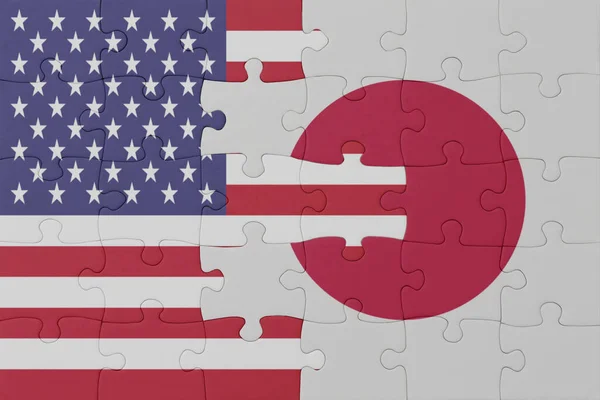 Puzzle Flagą Narodową Japonii Stanów Zjednoczonych Ameryki Makro Koncepcja Ilustracja — Zdjęcie stockowe