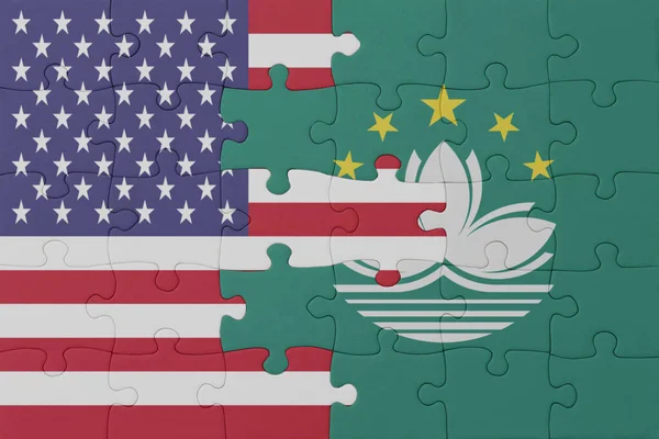 Puzzle Flagą Narodową Makau Stanów Zjednoczonych Ameryki Makro Koncepcja Ilustracja — Zdjęcie stockowe