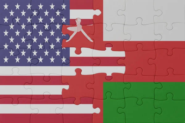 Puzzle Flagą Narodową Omanu Stanów Zjednoczonych Ameryki Makro Koncepcja Ilustracja — Zdjęcie stockowe