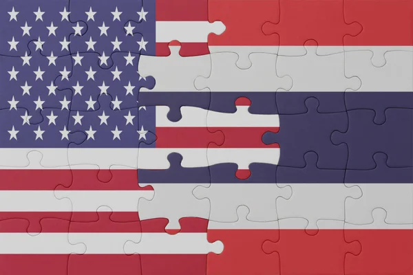 Puzzle Flagą Narodową Tajlandii Stanów Zjednoczonych Ameryki Makro Koncepcja Ilustracja — Zdjęcie stockowe