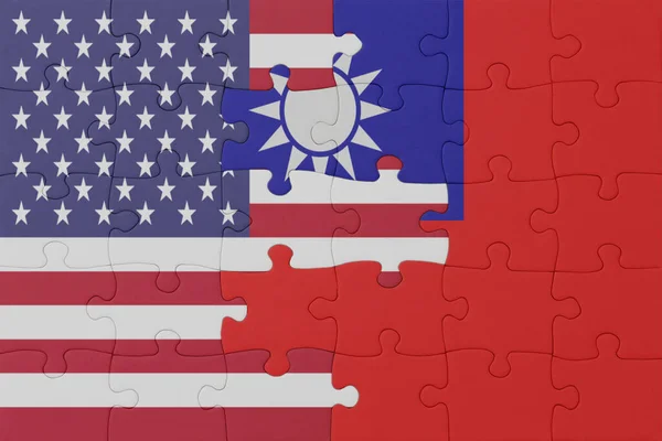 Rompecabezas Con Bandera Nacional Taiwán Los Estados Unidos América Macro — Foto de Stock