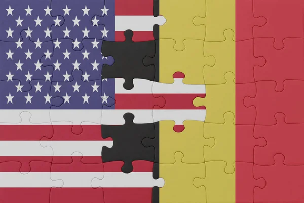 Puzzle Flagą Narodową Belgii Stanów Zjednoczonych Ameryki Makro Koncepcja Ilustracja — Zdjęcie stockowe