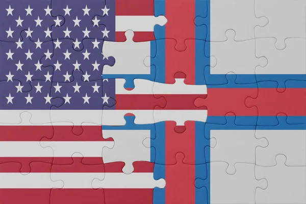 Puzzle Flagą Narodową Wysp Owczych Stanów Zjednoczonych Ameryki Makro Koncepcja — Zdjęcie stockowe