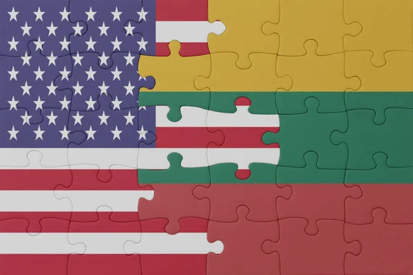 Litvanya Nın Ulusal Bayrağı Amerika Birleşik Devletleri Nin Bulmacası Makro — Stok fotoğraf