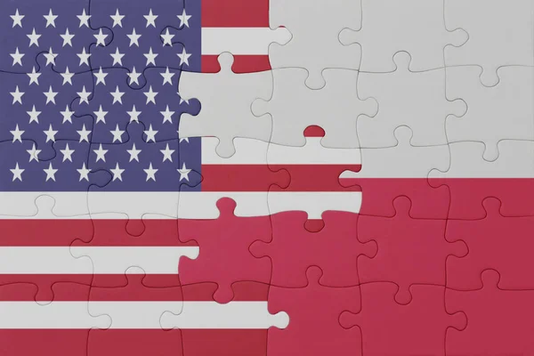 Puzzle Flagą Narodową Polski Stanów Zjednoczonych Ameryki Makro Koncepcja Ilustracja — Zdjęcie stockowe