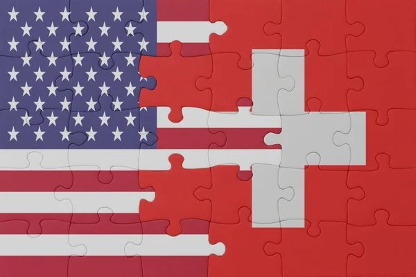 Puzzle Flagą Narodową Szwajcarii Stanów Zjednoczonych Ameryki Makro Koncepcja Ilustracja — Zdjęcie stockowe