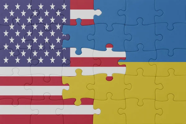 Quebra Cabeças Com Bandeira Nacional Ucrânia Estados Unidos América Macro — Fotografia de Stock