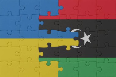 Ulusal Ukrayna ve Libya bayrağı bulmacası. Makro. Kavram. 3d illüstrasyon