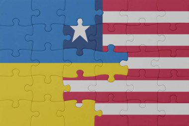 Ulusal Ukrayna ve Liberya bayrağı bulmacası. Makro. Kavram. 3d illüstrasyon