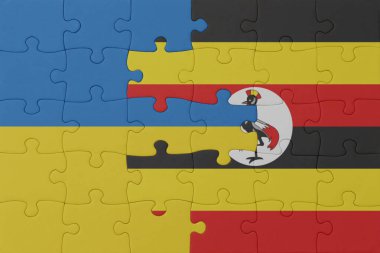 Ukrayna ve Uganda 'nın ulusal bayrağıyla bulmaca. Makro. Kavram. 3d illüstrasyon