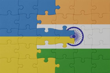 Ukrayna ve Hindistan 'ın ulusal bayrağıyla bulmaca. Makro. Kavram. 3d illüstrasyon