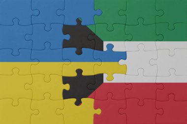 Ukrayna ve Kuveyt 'in ulusal bayrağıyla bulmaca. Makro. Kavram. 3d illüstrasyon
