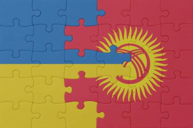 Ukrayna ve Kırgızistan 'ın ulusal bayrağıyla bulmaca. Makro. Kavram. 3d illüstrasyon