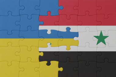 Ukrayna ve Suriye 'nin ulusal bayrağıyla bulmaca. Makro. Kavram. 3d illüstrasyon
