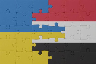 Ukrayna ve Yemen 'in ulusal bayrağıyla bulmaca. Makro. Kavram. 3d illüstrasyon