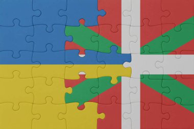 Ukrayna ve Bask ülkesinin ulusal bayrağıyla bulmaca. Makro. Kavram. 3d illüstrasyon