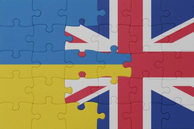 Ukrayna bayrağı ve Büyük Britanya 'nın bulmacası. Makro. Kavram. 3d illüstrasyon