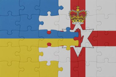 Ukrayna bayrağı ve Kuzey İrlanda 'nın bulmacası. Makro. Kavram. 3d illüstrasyon