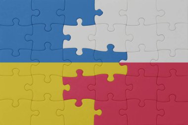Ukrayna ve Polonya 'nın ulusal bayrağıyla bulmaca. Makro. Kavram. 3d illüstrasyon