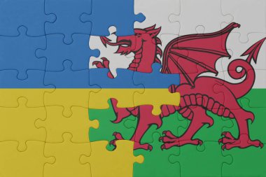 Ulusal Ukrayna ve Galler bayrağı bulmacası. Makro. Kavram. 3d illüstrasyon