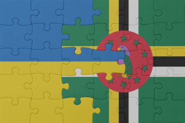 Ukrayna ve Dominika 'nın ulusal bayrağıyla bulmaca. Makro. Kavram. 3d illüstrasyon
