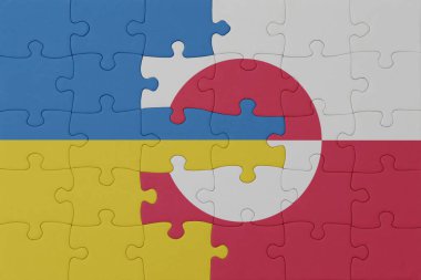 Ukrayna ve Greenland 'in ulusal bayrağıyla bulmaca. Makro. Kavram. 3d illüstrasyon