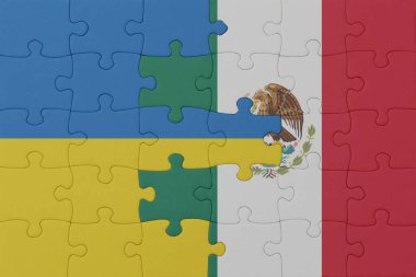 Ukrayna ve Meksika 'nın ulusal bayrağıyla bulmaca. Makro. Kavram. 3d illüstrasyon