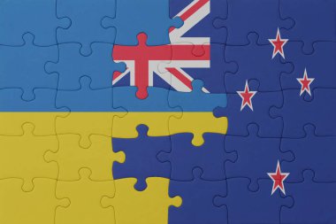 Ukrayna 'nın ulusal bayrağı ve Yeni Zelanda' nın bulmacası. Makro. Kavram. 3d illüstrasyon