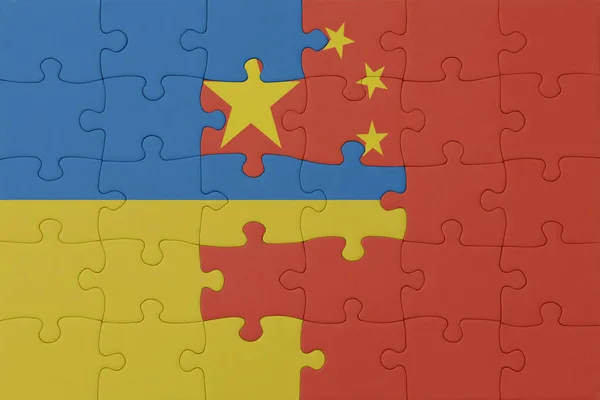 Puzzle Con Bandiera Nazionale Ucraina Cina Macro Concept Illustrazione — Foto Stock