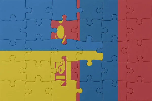 Puzzle National Flag Ukraine Mongolia Macro Concept Illustration — Stock Photo, Image