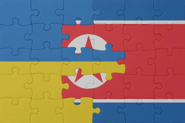 Puzzel Met Nationale Vlag Van Ukraine Noord Korea Macro Concept — Stockfoto