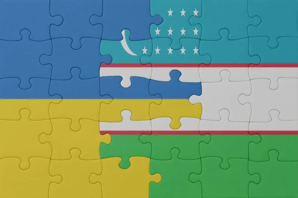 Rompecabezas Con Bandera Nacional Ucrania Uzbekistán Macro Concept Ilustración — Foto de Stock