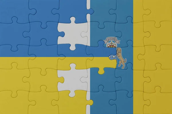 Puzzel Met Nationale Vlag Van Ukraïne Kanarie Eilanden Macro Concept — Stockfoto