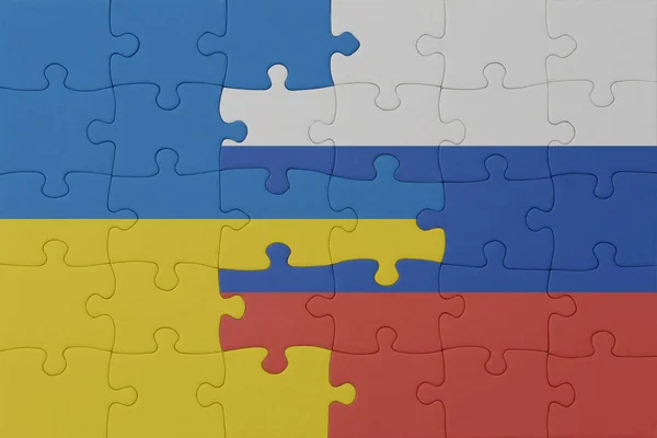 Quebra Cabeça Com Bandeira Nacional Ucrânia Rússia Macro Concept Ilustração — Fotografia de Stock