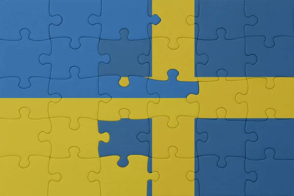 Puzzel Met Nationale Vlag Van Ukraine Zweden Macro Concept Illustratie — Stockfoto