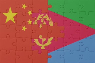 Ulusal eritrea ve porselen bayrağı bulmacası. Makro. Kavram. 3d illüstrasyon