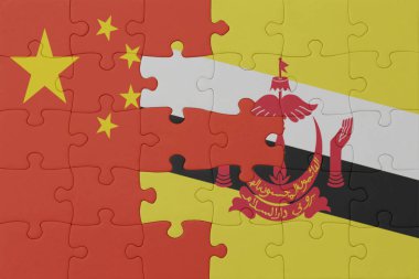 Çin ve Brunei 'nin ulusal bayrağıyla ilgili bir bulmaca. Makro. Kavram. 3d illüstrasyon