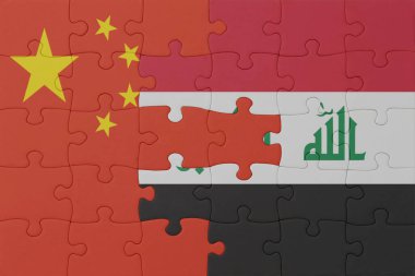 Irak ve Çin 'in ulusal bayrağıyla bulmaca. Makro. Kavram. 3d illüstrasyon