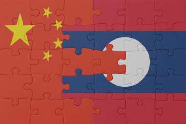 Ulusal lao ve Çin bayrağı bulmacası. Makro. Kavram. 3d illüstrasyon