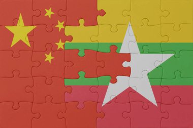 Myanmar ve Çin 'in ulusal bayrağıyla bulmaca. Makro. Kavram. 3d illüstrasyon