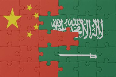 Suudi Arabistan 'ın ulusal bayrağı ve Çin' in bulmacası. Makro. Kavram. 3d illüstrasyon
