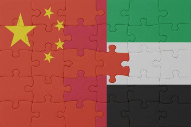 Birleşik Arap Emirlikleri ve Çin 'in ulusal bayrağıyla bulmaca. Makro. Kavram. 3d illüstrasyon