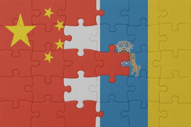 Ulusal kanarya adaları ve Çin bayrağı bulmacası. Makro. Kavram. 3d illüstrasyon