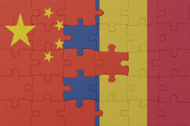 Romanya ve Çin 'in ulusal bayrağıyla ilgili bulmacalar. Makro. Kavram. 3d illüstrasyon