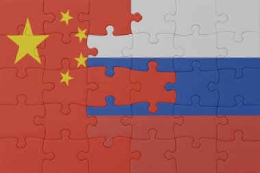 Rusya ve Çin 'in ulusal bayrağıyla bulmaca. Makro. Kavram. 3d illüstrasyon