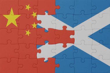 İskoçya ve Çin 'in ulusal bayrağıyla bulmaca. Makro. Kavram. 3d illüstrasyon