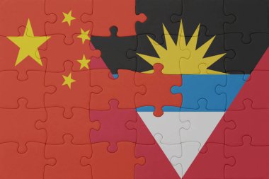 Antigua, barbuda ve porselen ulusal bayrak bulmacası. Makro. Kavram. 3d illüstrasyon