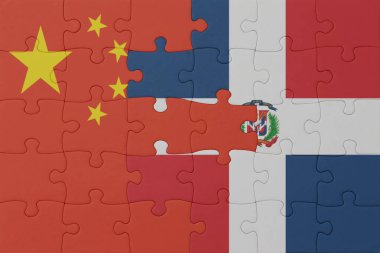 Dominik Cumhuriyeti ve Çin 'in ulusal bayrağıyla bulmaca. Makro. Kavram. 3d illüstrasyon