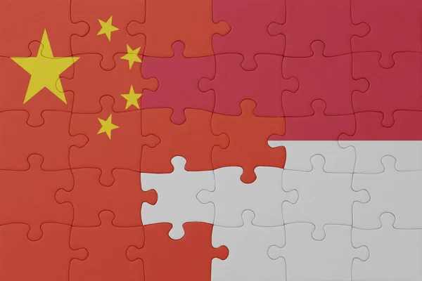 インドネシアと中国の国旗のパズルです マクロ コンセプト 3Dイラスト — ストック写真