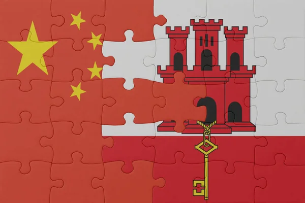 Puzzle Flagą Narodową Gibraltaru Chin Makro Koncepcja Ilustracja — Zdjęcie stockowe